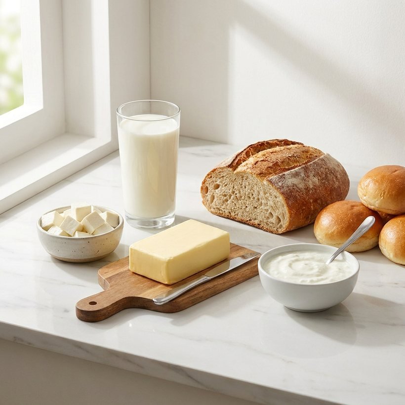 Milk, paneer, butter, curd and fresh bread