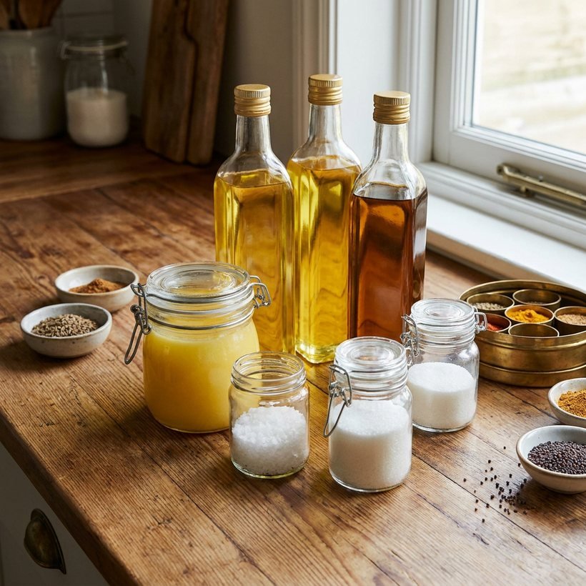 Cooking oils, ghee, salt and sugar in glass jars