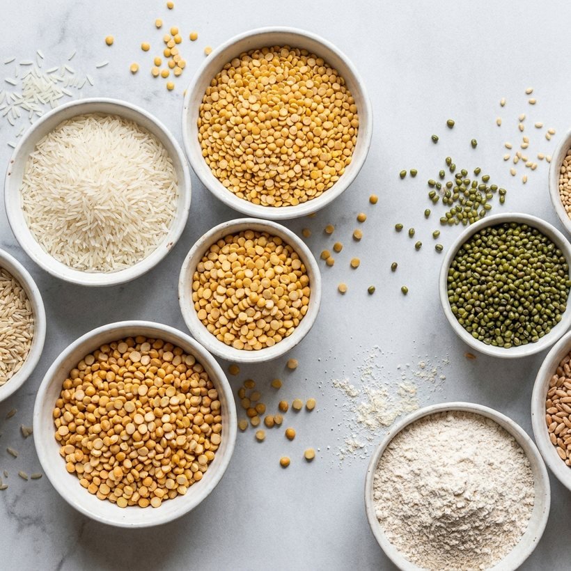 Rice, wheat flour and assorted dals in bowls