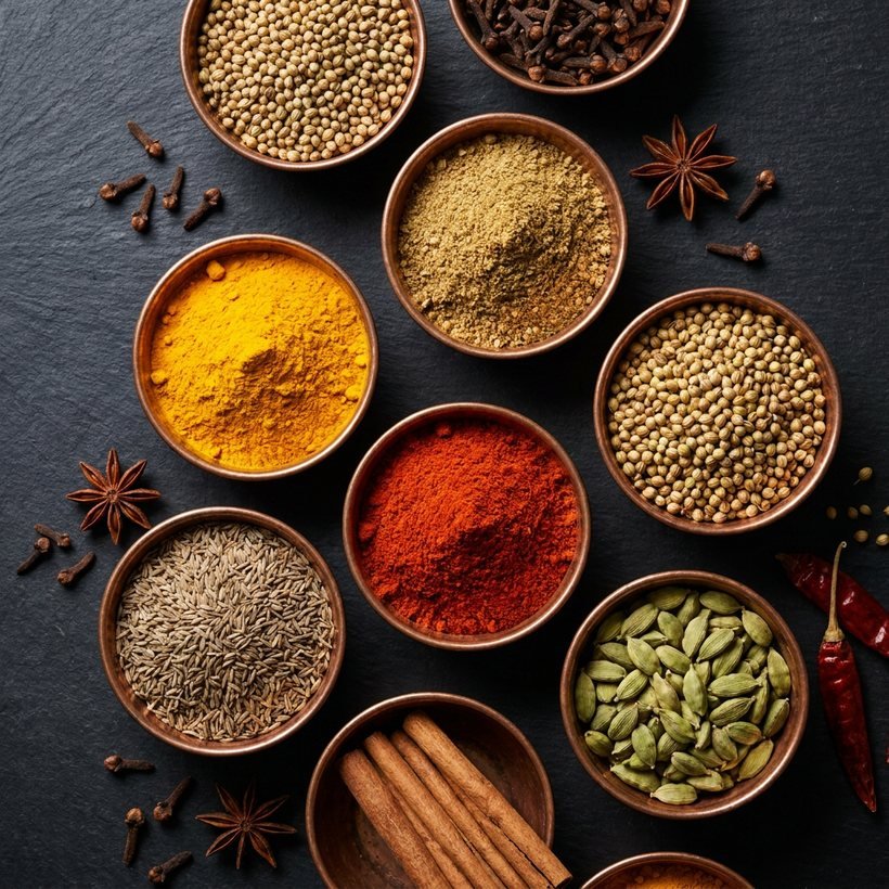 Indian whole and ground spices arranged in copper bowls