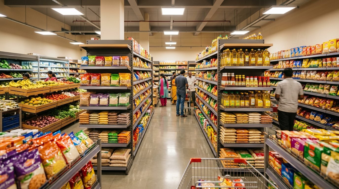 Bright, well-organised aisles inside Swastik Super Store stocked with everyday groceries