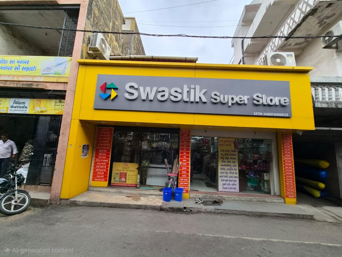 The Swastik Super Store shopfront on Water Tank Street, Raj Nagar, Sachin, Surat